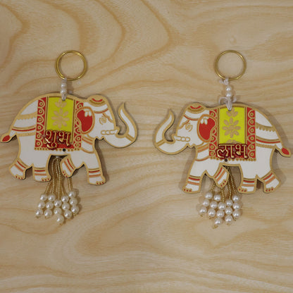 Wooden Elephant Shubh Labh Wall Hanging With Bead Tassels For Door And Festive Decor (2 Pc Set)