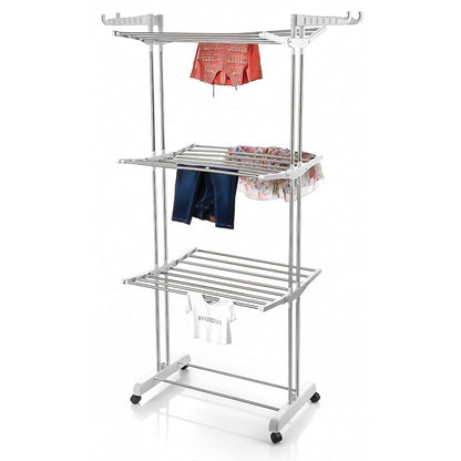 3 Tier Foldable Stainless Steel Cloth Drying Stand with Wheels Heavy Duty Portable Laundry Drying Rack for Indoor Outdoor Balcony and Home Use (1 Pc)
