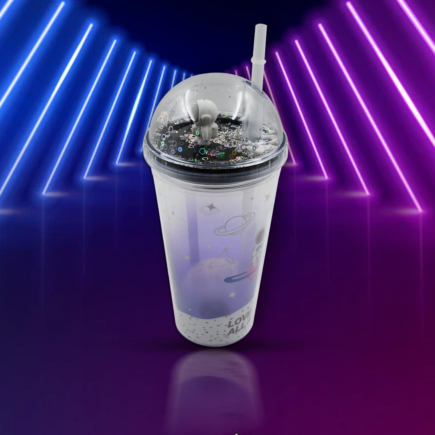 LED Glow Light, Design Printed Insulated Double Wall Plastic Tumbler Cups with Straws 13oz Theming Astronaut in Space Travel Freezer Mug Drinking Cups (Pack of 1)