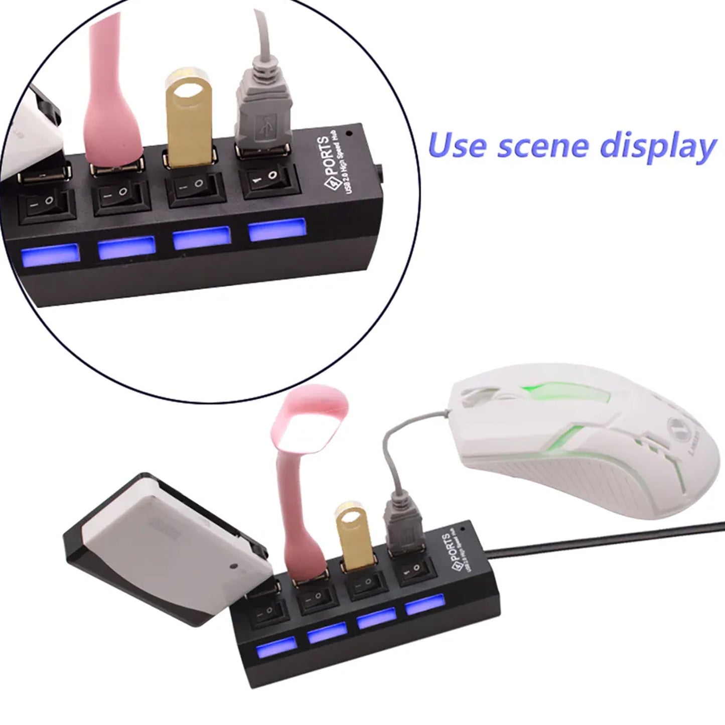 4 Port USB 2.0 Hub Splitter with Individual On/Off Switches and LED Indicators – High-Speed Multi USB Adapter for Laptop, PC and Tablet