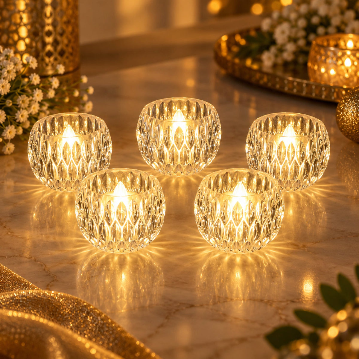 Crystal Style LED Decorative Candle Lights Set of 5, Warm Glow Flameless Tealight Candles with Faceted Clear Design for Diwali, Puja, Dining Table and Festive Home Decor (5 Pc Set)