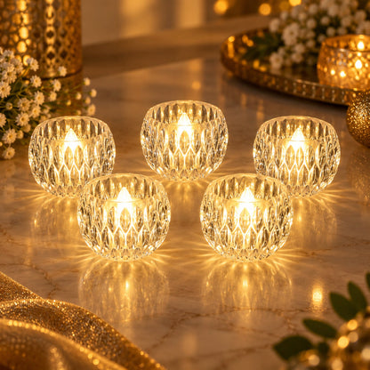 Crystal Style LED Decorative Candle Lights Set of 5, Warm Glow Flameless Tealight Candles with Faceted Clear Design for Diwali, Puja, Dining Table and Festive Home Decor (5 Pc Set)
