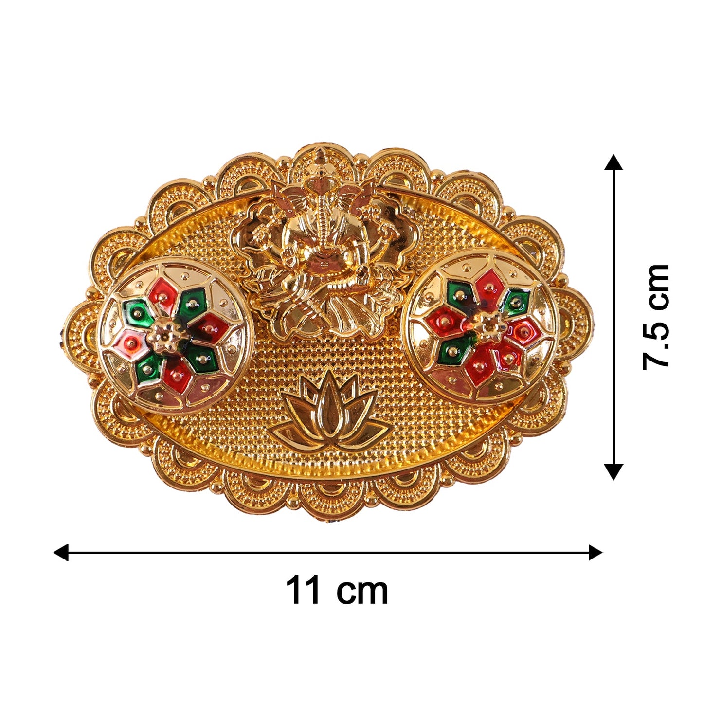 Ganesh Meenakari Kumkum Holder Golden Metal Oval Kankavati with Double Compartments for Kumkum Haldi Roli Chandan and Akshat (1 Pc)