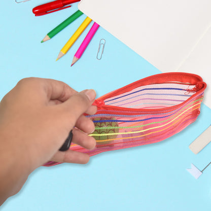 Transparent Nylon Mesh Multipurpose Zipper Pouch for Stationery, Cosmetics, Travel and Storage | Reusable Organizer Bag (Assorted Color, 1 Pc)
