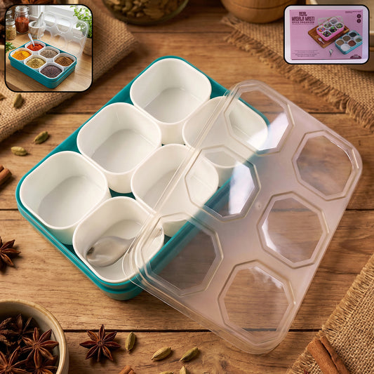 Plastic Masala Masti Box with 6 Compartments Transparent Lid Spice Storage Container Kitchen Organizer for Spices Herbs Dry Fruits and Dry Ingredients (1 Set)