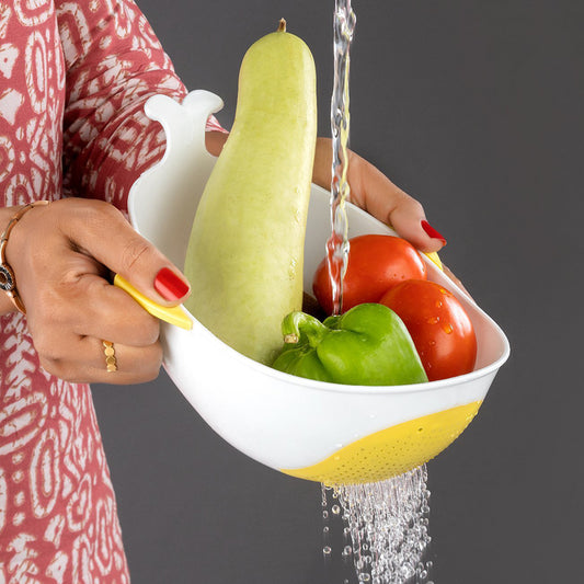 Plastic Rice, Pulses, Fruits, Vegetable, Noodles & Pasta Washing Bowl and Strainer – Multipurpose Kitchen Prep & Drain Set (2 Pc)