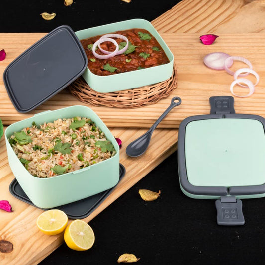 Green Double Layer Portable Lunch Box with Carrying Handle and Spoon 2 Compartment Stackable Tiffin Box for Kids School Office Travel and Daily Meals (1 Pc)