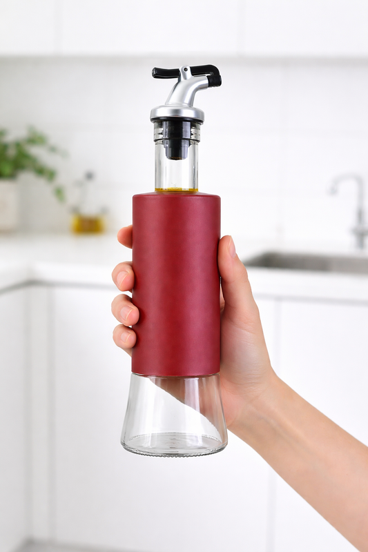 Glass Oil Dispenser with Plastic Covering, Oil and Vinegar Bottle, Multicolour with Golden Pour Spout (300 ml)