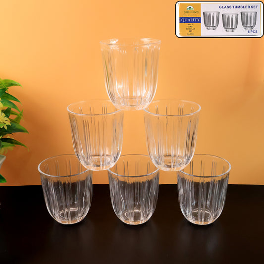 Premium Transparent Glass Tumbler Set – 6 Pcs Elegant Ribbed Design Drinking Glasses for Water, Juice and Beverages, Pure Glass – 256 ml Each