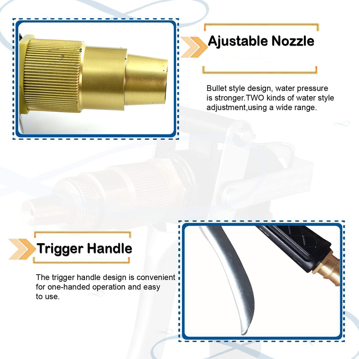 Gold Plated Metal Trigger Hose Nozzle Spray Gun with Adjustable Water Flow and Lock Pin for Garden, Car Washing and Cleaning