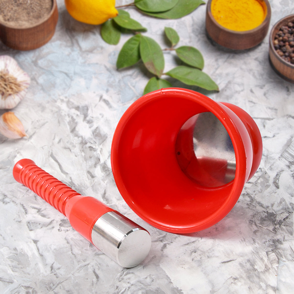 Heavy Duty Plastic Khal Batta Set with Stainless Steel Base for Spices, Herbs and Masala Grinding