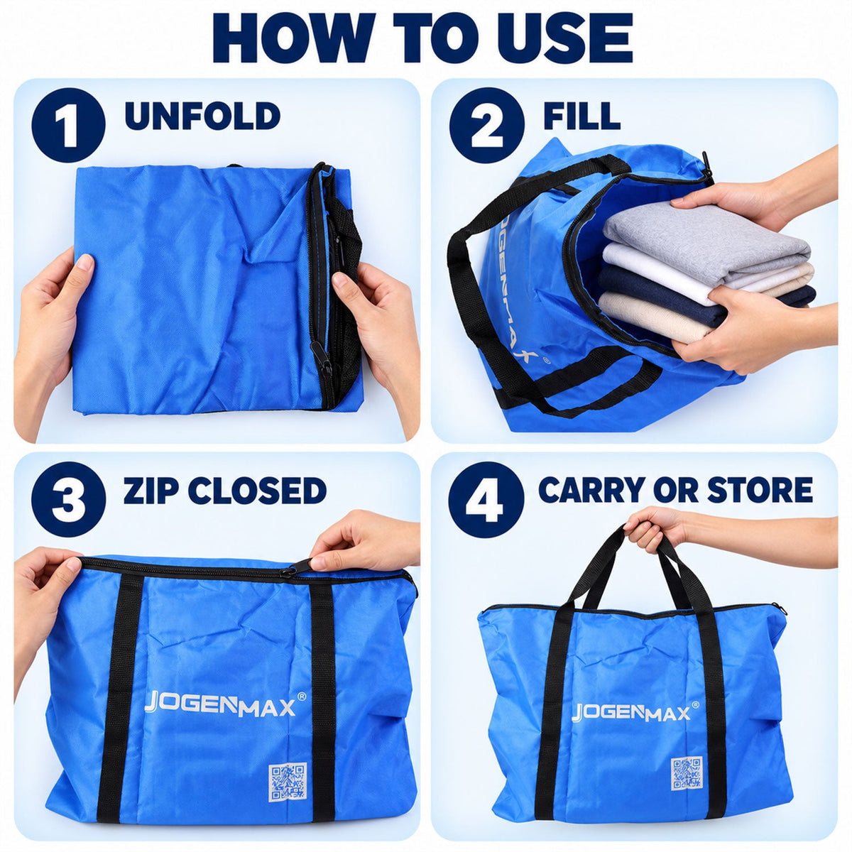 Multipurpose Foldable Carry Bag with Zipper, Reusable Woven Storage Bag with Webbing Handles for Clothes, Blankets, Towels, Household and Travel