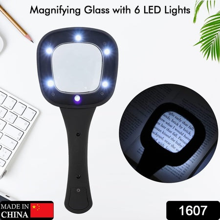 Handheld Magnifying Glass with 6 LED Lights – Illuminated Reading Magnifier for Seniors, Inspection, Coins &amp; Jewelry (1 Pc)