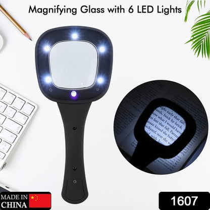 Handheld Magnifying Glass with 6 LED Lights – Illuminated Reading Magnifier for Seniors, Inspection, Coins &amp; Jewelry (1 Pc)