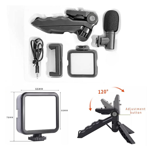 Vlogging Kit for Video Making with Microphone, Mini Tripod Stand, LED Light and Phone Holder Clip for Smartphones (1 Set)