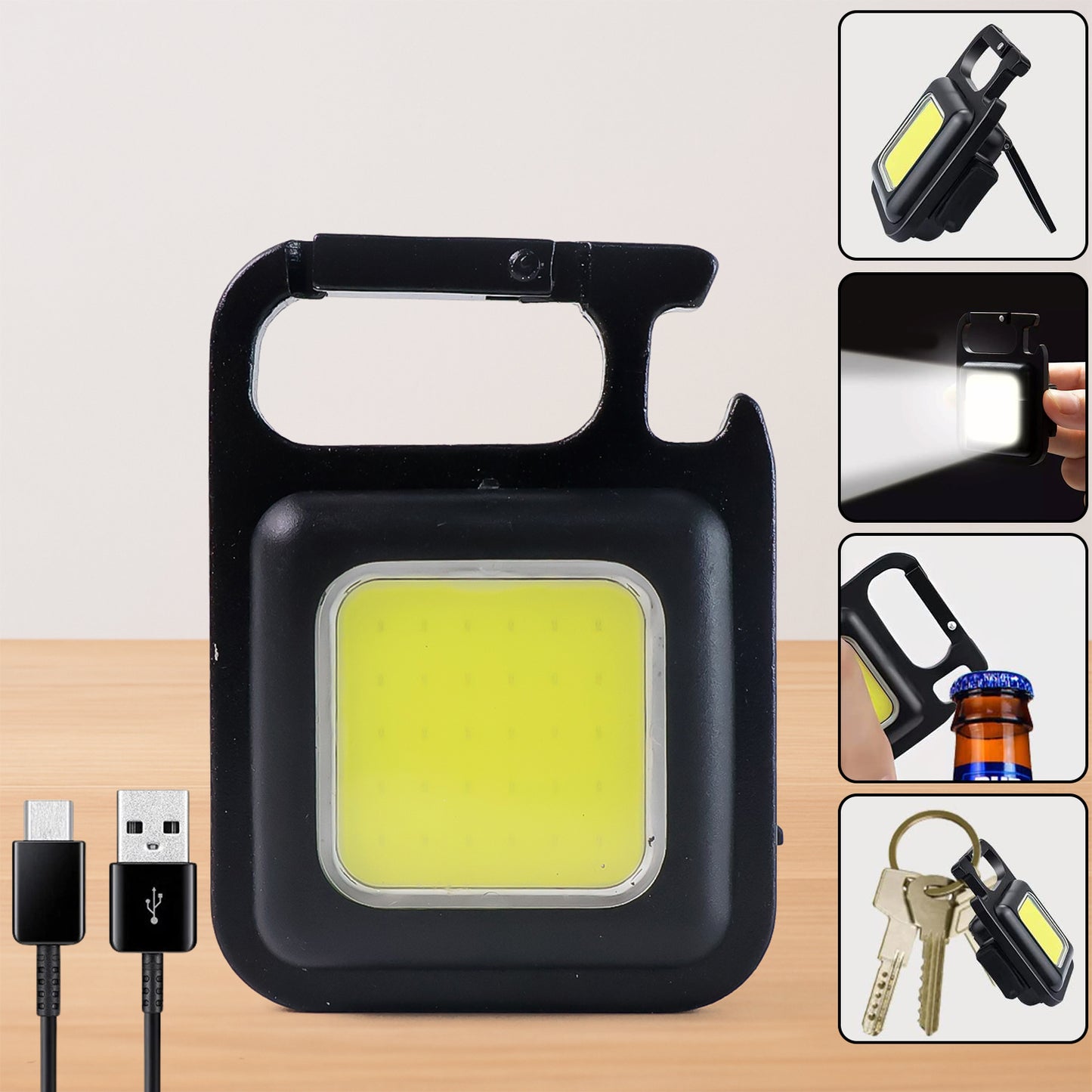 Rechargeable Keychain Mini Flashlight 800 Lumens COB Pocket Light with Magnet Base, Bottle Opener and Folding Stand for Camping and Emergency Use