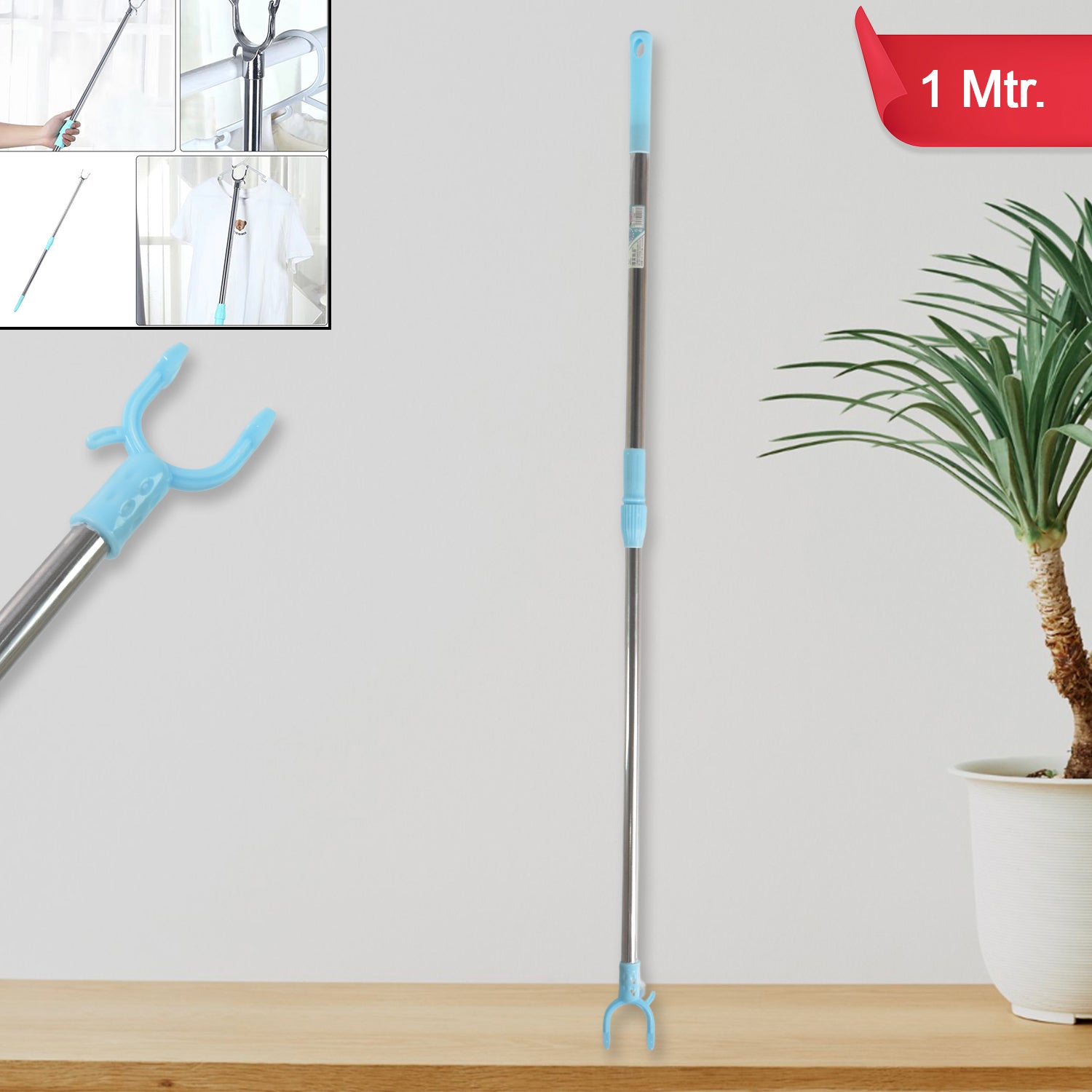 Reach Stick Pole with Hook Adjustable Telescopic Clothes Hanging Pole for Closet, Laundry and Ceiling Use (1 Pc | 1 Meter)