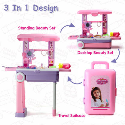 Big Beauty Set Trolley Suitcase on Wheels 3 in 1 Pretend Makeup Vanity Play Set with 25 Accessories for Girls 3+ Years BIS Approved (1 Set)