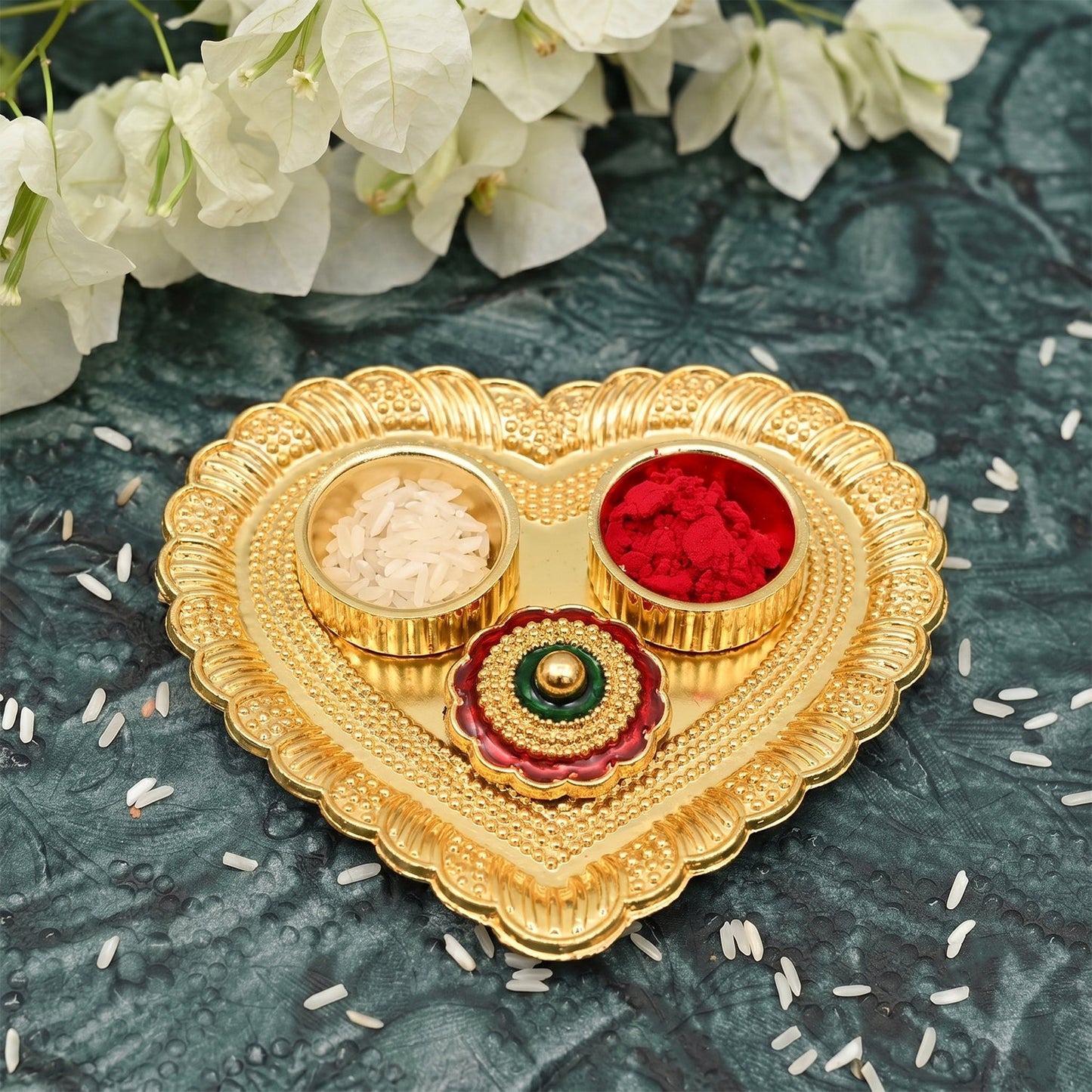 Heart Shape Kumkum Holder with Meenakari Lid Golden Metal Double Compartment Pooja Box for Kumkum Haldi Roli Chandan and Akshat (1 Pc)