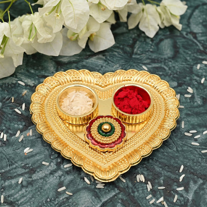Heart Shape Kumkum Holder with Meenakari Lid Golden Metal Double Compartment Pooja Box for Kumkum Haldi Roli Chandan and Akshat (1 Pc)