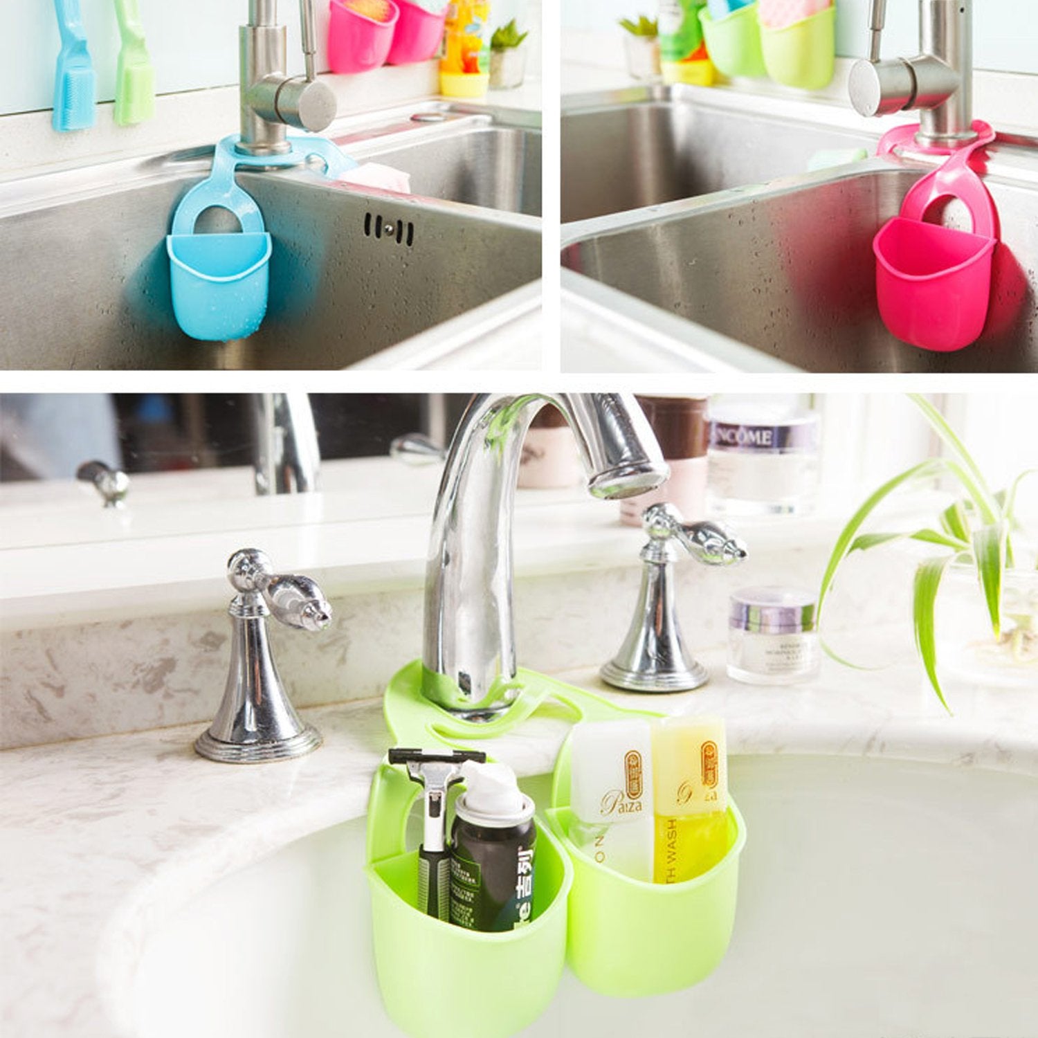 Double Layer Sink Hanging Storage Basket – Flexible Faucet Hanging Organizer for Kitchen and Bathroom – Dual Compartment Drain Basket – Multipurpose Space Saver Plastic Holder (1 Pc)