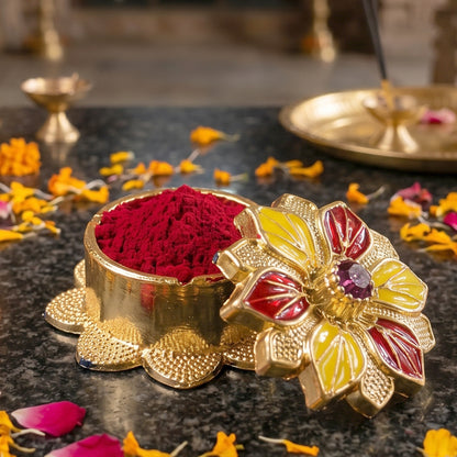 Decorative Golden Kankavati Kumkum Box Traditional Sindoor Holder for Pooja, Temple, Worship and Decoration (1 Pc)
