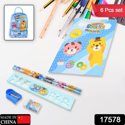 Kids Cartoon Stationery Kit – 6 Pieces School Supplies Set with Pencils, Notebook, Scale, Eraser, Sharpener and Zip Bag – Birthday Return Gift for Kids