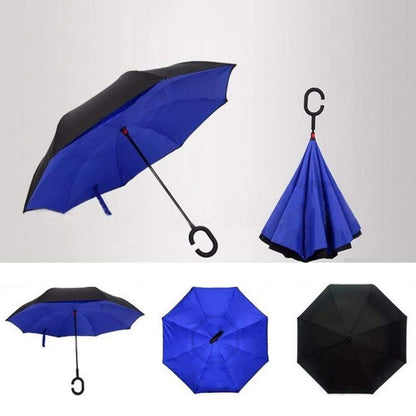 Plain Design Windproof Reverse Umbrella with C Shaped Handle, Upside Down Double Layer Inverted Waterproof Umbrella for Car Travel and Daily Use