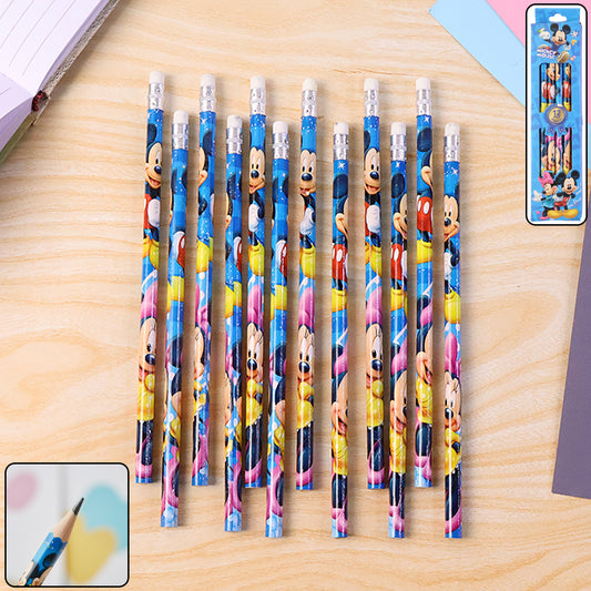 Premium Cartoon-Printed Graphite Pencils Set for Kids – 12-Piece Pack with Eraser Tips. Attractive Multicolour Character Design Pencils for Daily Use