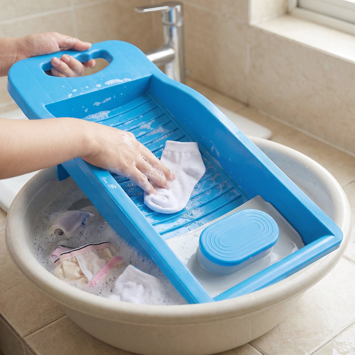 Portable Plastic Mini Washing Board with Soap Holder, Anti-Slip Handheld Laundry Scrub Board for Socks, Underwear, Baby Clothes and Delicate Garments (1 Pc)