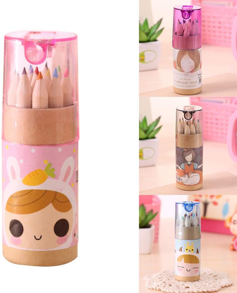 12 Colouring Pencils Kids Set with Built-in Sharpener | Kawaii 3-in-1 Pencil Holder (1 Set) Mini Drawing Colored Pencils