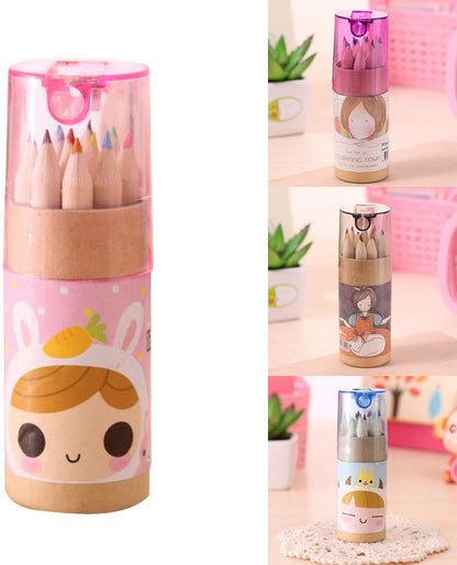 12 Colouring Pencils Kids Set with Built-in Sharpener | Kawaii 3-in-1 Pencil Holder (1 Set) Mini Drawing Colored Pencils