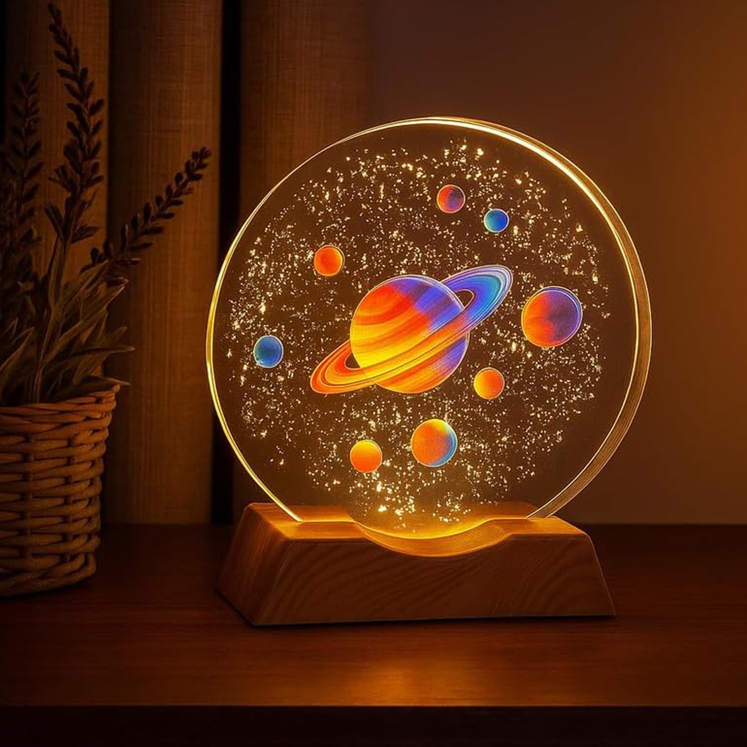 3D Creative Visualization Lamp – LED Planet Night Light with Wooden Base (1 Pc)
