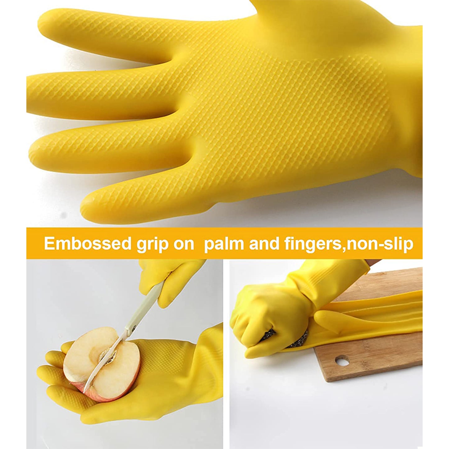 Heavy Duty Rubber Latex Cleaning Gloves Medium Size Yellow Waterproof Household Safety Gloves (2 Pairs)