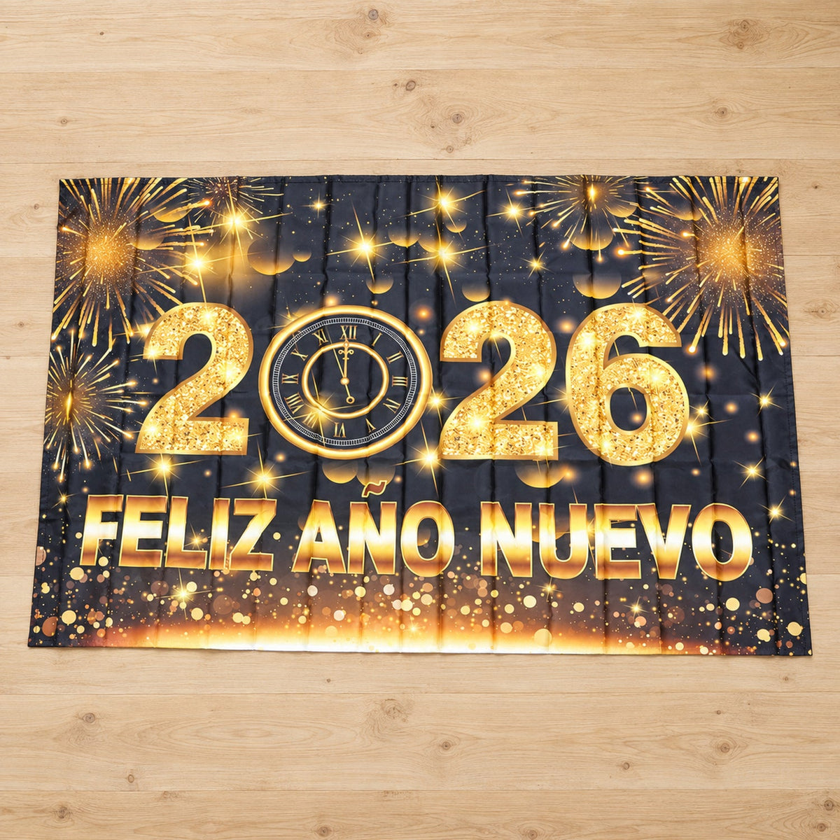 2026 New Year Party Backdrop Curtain 210 x 150 cm, Black and Gold Fireworks Photo Booth Banner with Feliz Año Nuevo Print for New Year Eve Party Wall Decoration