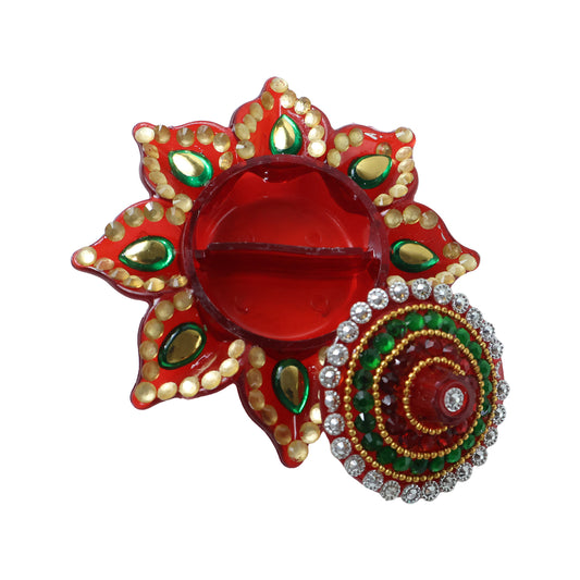 Handwork Decorative Kumkum Dani – Traditional Haldi Kumkum Holder with Stone Work Lid for Pooja, Festivals and Home Temple (1 Pc)