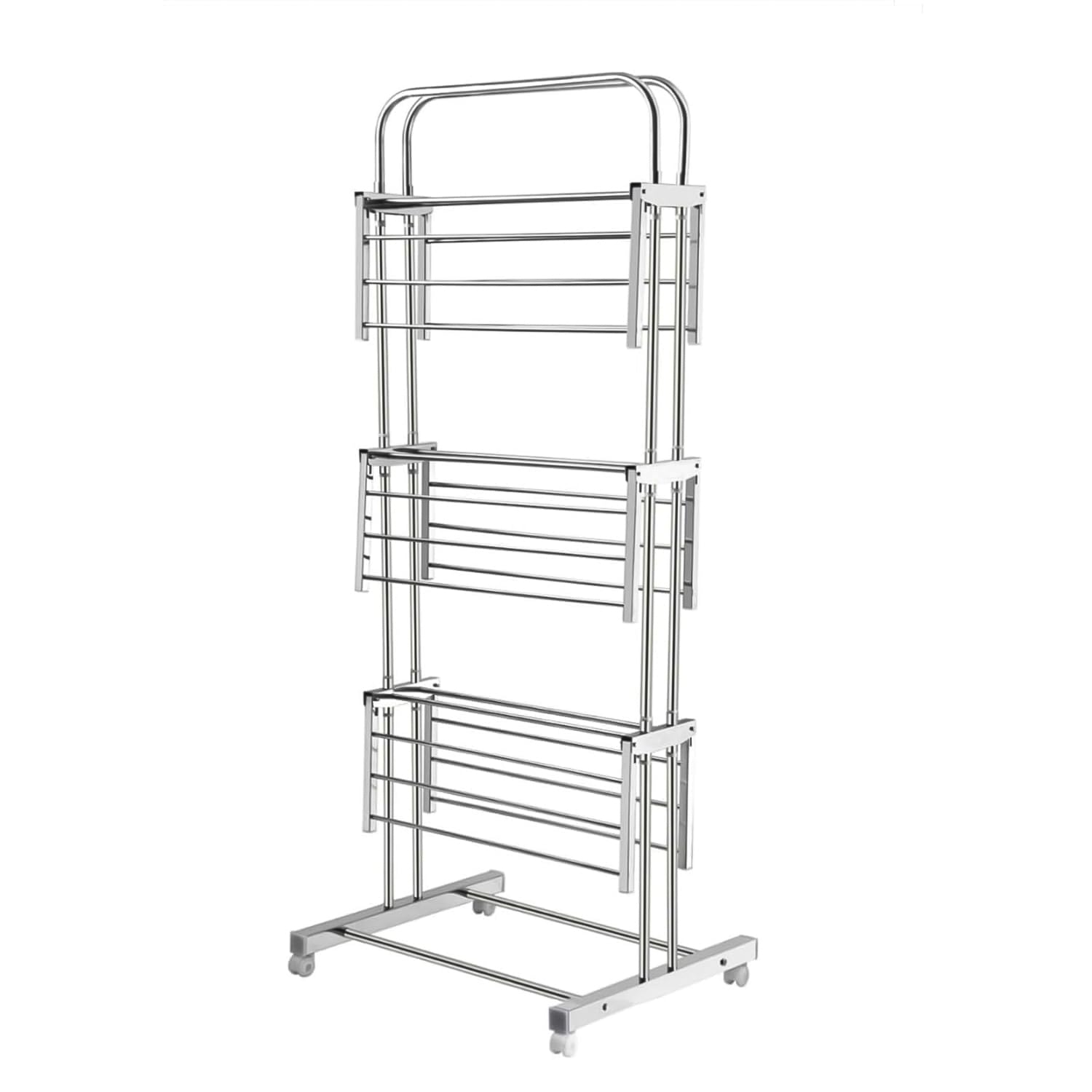3 Layer Foldable Stainless Steel Cloth Drying Stand with Wheels Heavy Duty Laundry Drying Rack for Clothes Towels Linens Indoor Outdoor Balcony Use (1 Pc)