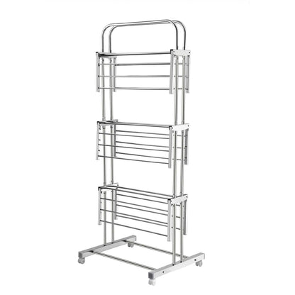 3 Layer Foldable Stainless Steel Cloth Drying Stand with Wheels Heavy Duty Laundry Drying Rack for Clothes Towels Linens Indoor Outdoor Balcony Use (1 Pc)