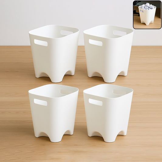 Modern Plastic Dustbin / Waste Paper Basket - (4 Pc) Compact Square Bin with Side Handles &; Raised Feet | Sturdy PP, Easy-Clean