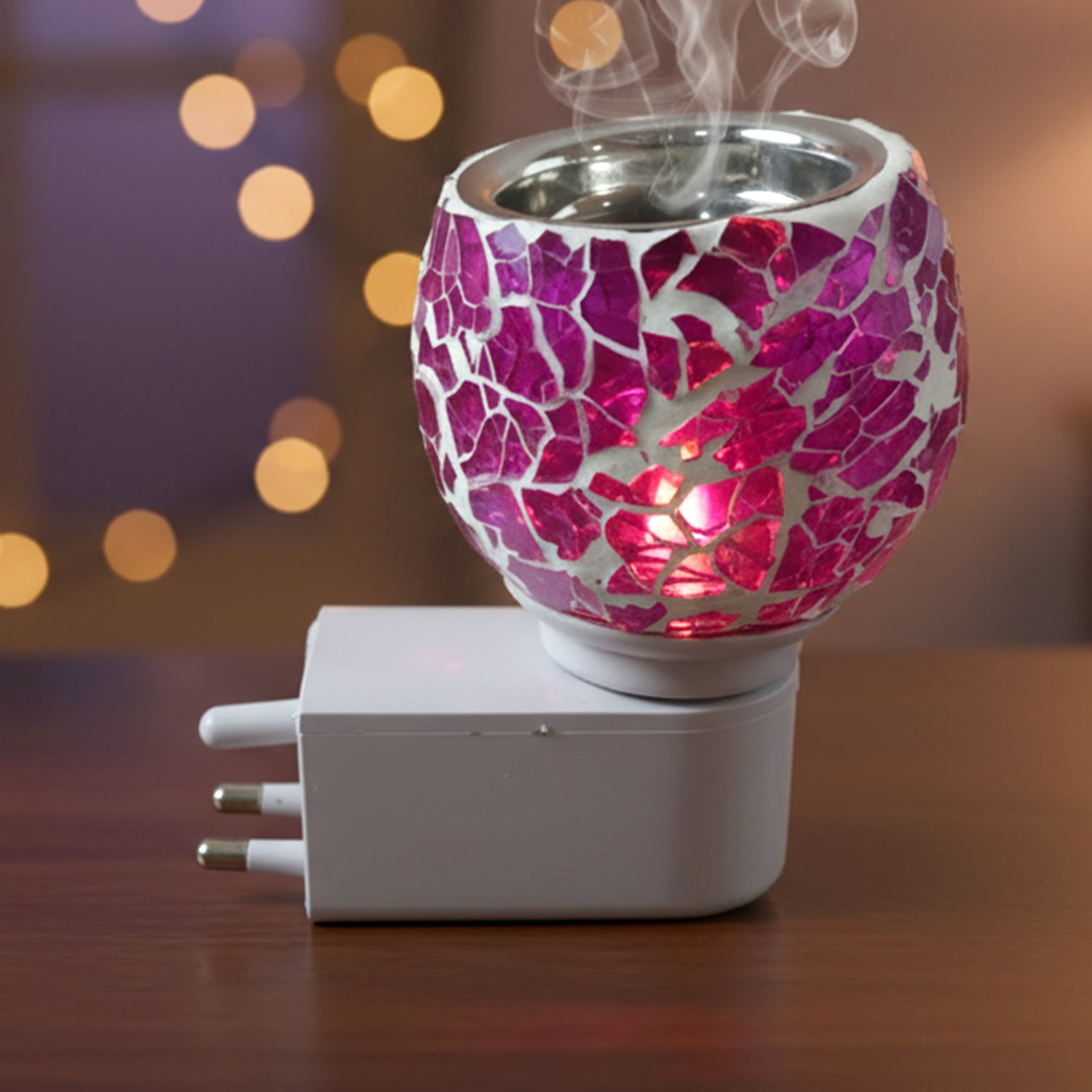 Premium Plug In Mosaic Glass Aroma Diffuser Night Lamp with Purple Crackle Globe Electric Fragrance Oil Burner for Home Bedroom Living Room