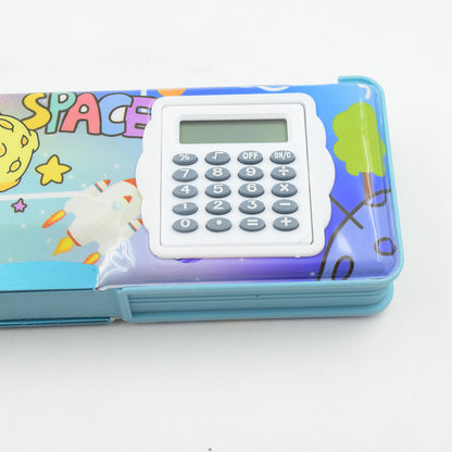 Double Sided Magnetic Geometry Box with Calculator for Kids | Cartoon Print Plastic Pencil Box for Kids
