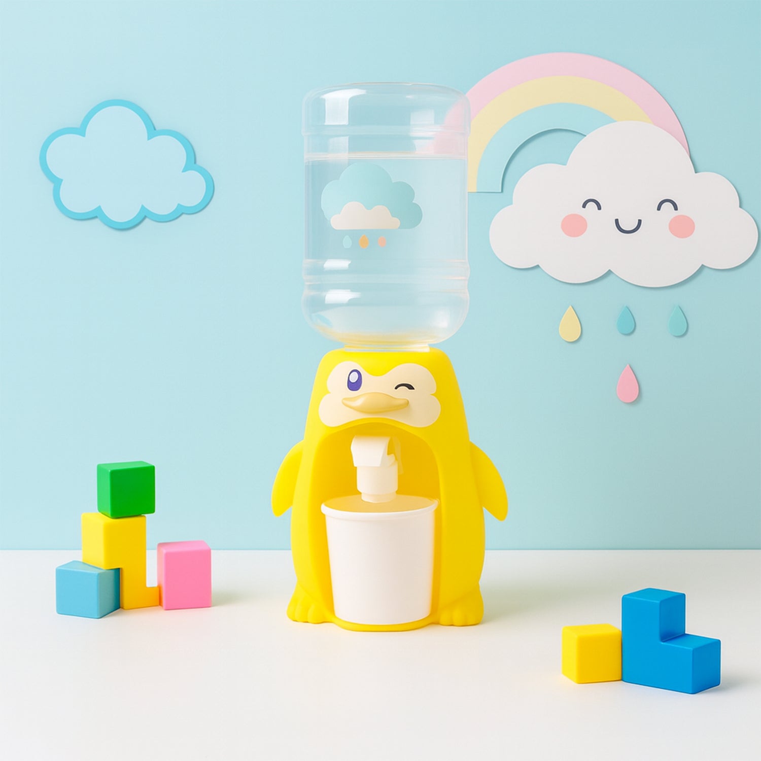 Kids Tabletop Water Dispenser Toy with Cute Character Design Refillable Bottle Manual Tap and Cup Holder for Pretend Play and Hydration Habits
