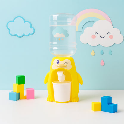 Kids Tabletop Water Dispenser Toy with Cute Character Design Refillable Bottle Manual Tap and Cup Holder for Pretend Play and Hydration Habits
