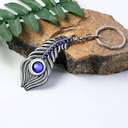 Elegant Metal Peacock Feather Keychain – Stylish Silver-Toned Key Ring with Blue Gem Design for Car, Bike, Home and Office Keys (1 Pc)