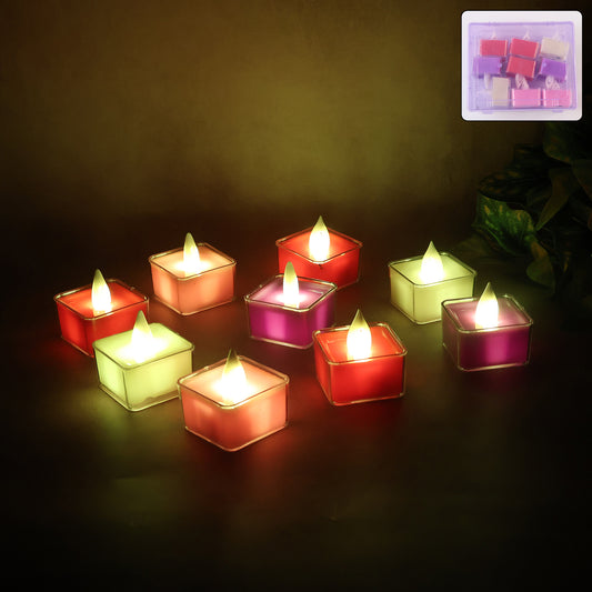 Square LED Flameless Decorative Tealight Candles 9 Pcs Set Battery Operated Multicolor Lights with Flickering Flame Effect for Home Diwali Puja Wedding and Party Decoration