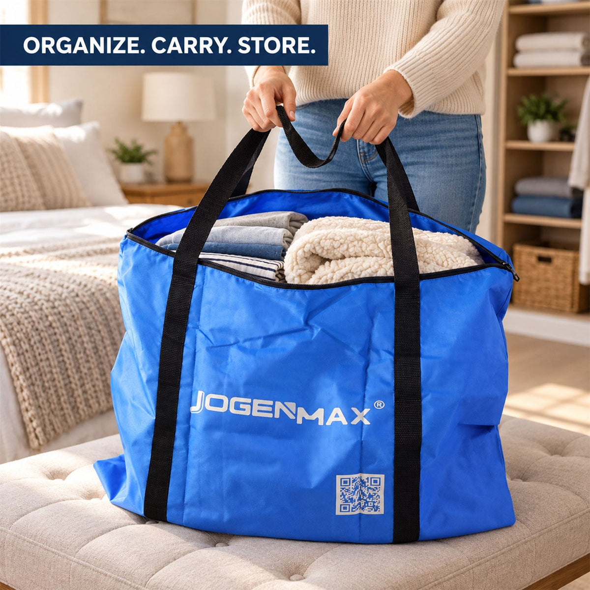 Multipurpose Foldable Carry Bag with Zipper, Reusable Woven Storage Bag with Webbing Handles for Clothes, Blankets, Towels, Household and Travel