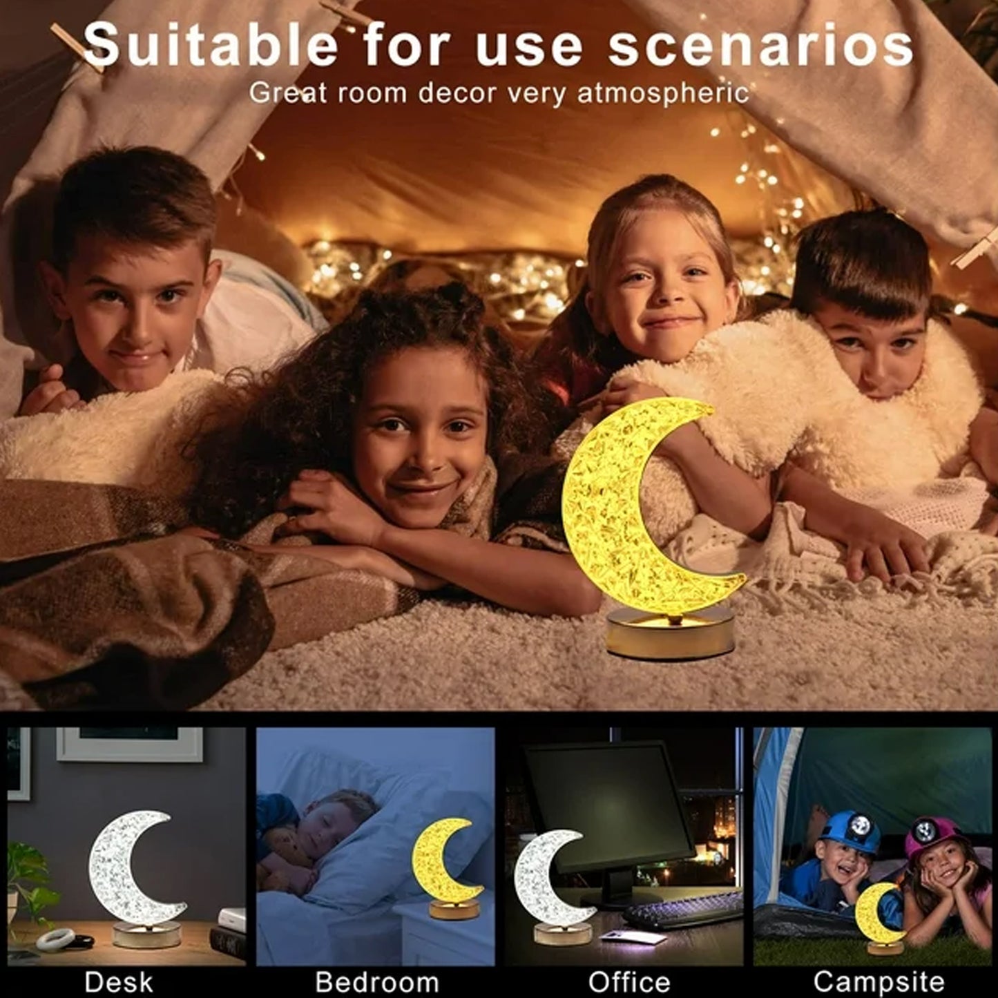 Crystal Moon Shape LED Table Lamp with Touch Control USB Rechargeable 3 Color Stepless Dimming Bedside Night Light for Bedroom Living Room and Home Decor (1 Piece)