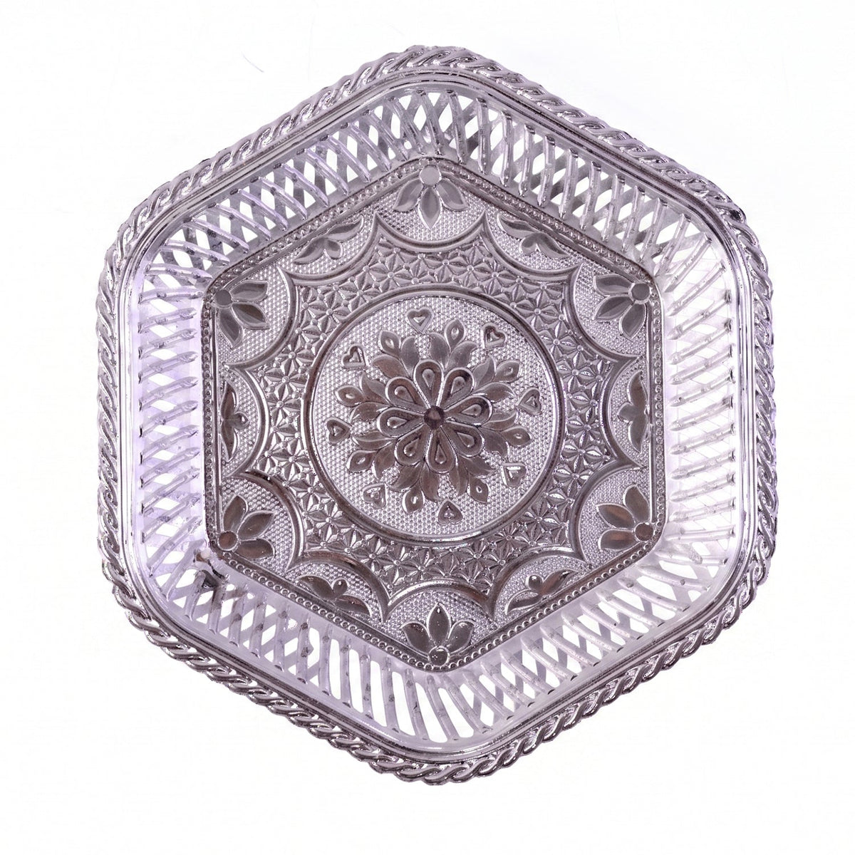 Decorative Silver Serving Tray with Embossed Floral Design for Dry Fruits, Sweets and Festive Serving