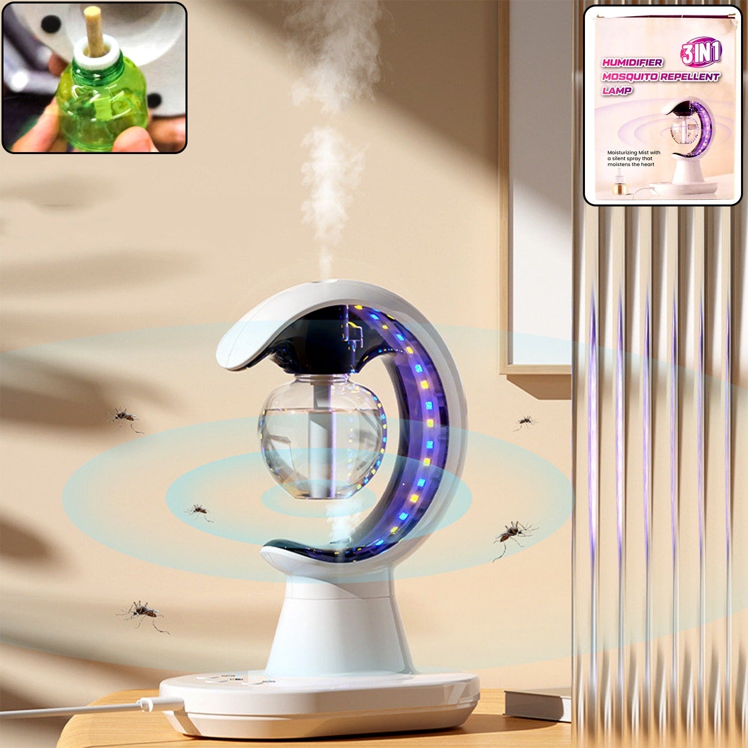 3-in-1 Led Lamp With Humidifier And Mosquito Repellent (1 Pc) Multifunction Air Moisturizer, Insect Control & Night Light for Home &Office