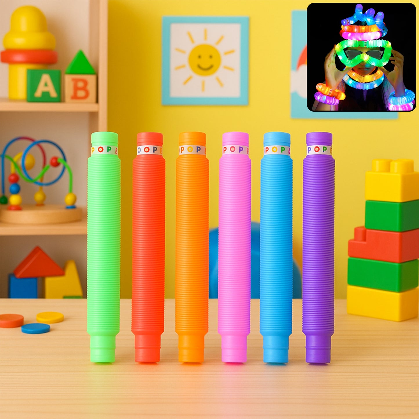 LED Glow Pop Tube Fidget Toy for Kids Stretchable Bendable Light Up Sensory Stress Relief Party Toy Pack of 1 Mixed Color